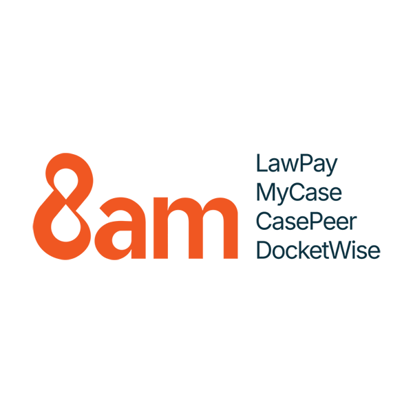 Orange 8am on left; to the right, a list in black text reads: LawPay, MyCase, CasePeer, DocketWise. White background.