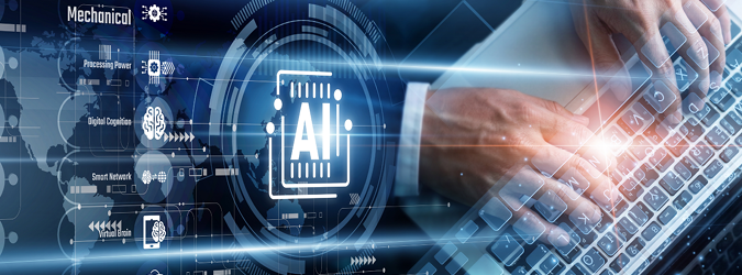 Hands typing on a laptop keyboard with digital graphics showing the letters AI inside a chip, surrounded by technology and artificial intelligence icons and futuristic interface elements.
