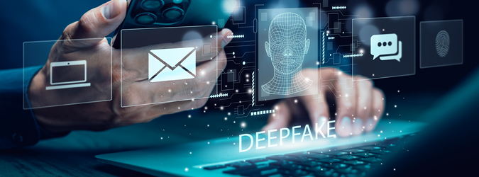 A person uses a smartphone and laptop, with digital icons of a face, envelope, chat, fingerprint, and DEEPFAKE text overlayed, symbolizing digital communication and deepfake technology.
