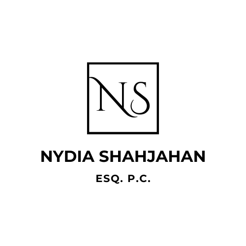 A square logo with stylish NS initials above the name NYDIA SHAHJAHAN in bold, and ESQ. P.C. below, all on a white background.