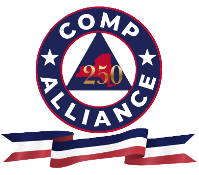 A circular Comp Alliance logo with stars, a triangle featuring 250 and a New York state shape, and a red, white, and blue ribbon below.