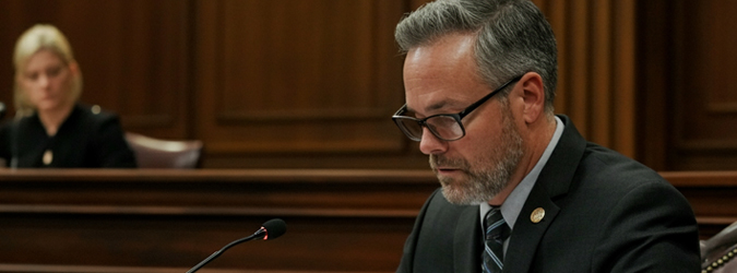 A man in a suit and glasses speaks into a microphone at a wooden desk in a formal setting, with a woman seated in the background.