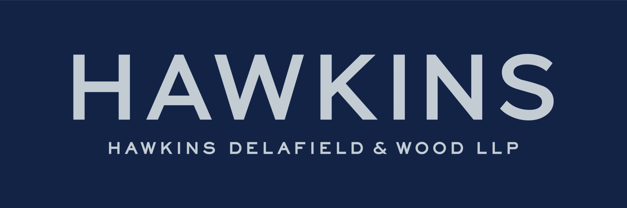 White text on a dark blue background reads HAWKINS in large letters, with HAWKINS DELAFIELD & WOOD LLP in smaller font below.