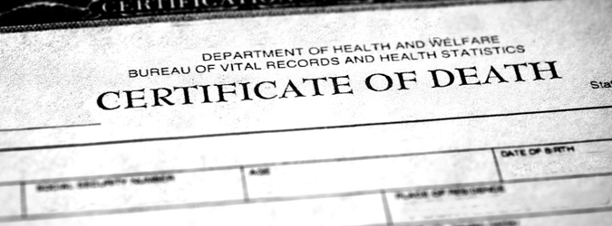 Close-up of a death certificate form from the Department of Health and Welfare, showing the heading Certificate of Death with some text fields partially visible below.