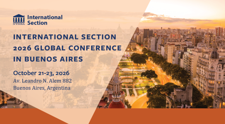 A conference flyer with a cityscape of Buenos Aires at sunset, announcing the NYSBA International Section 2026 Global Conference, October 21-23, 2026, at Av. Leandro N. Alem 882, Buenos Aires, Argentina.