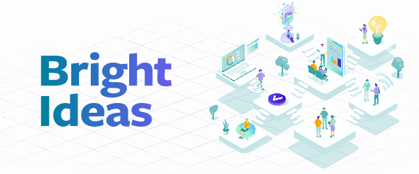 Text Bright Ideas with illustrated people working around digital screens, charts, and a large glowing lightbulb, symbolizing creativity and innovation in a modern, tech-focused environment.
