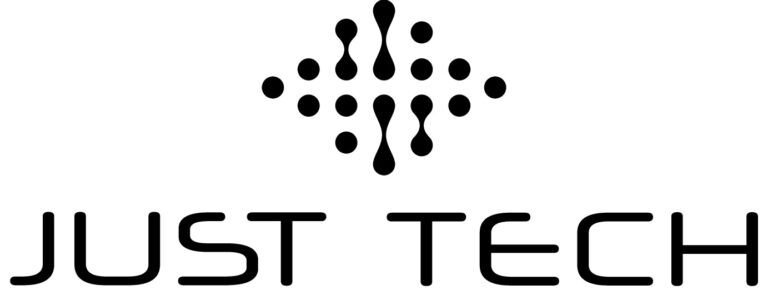 Black text reads JUST TECH below a geometric design made of black dots connected by lines, forming a diamond-like shape on a white background.