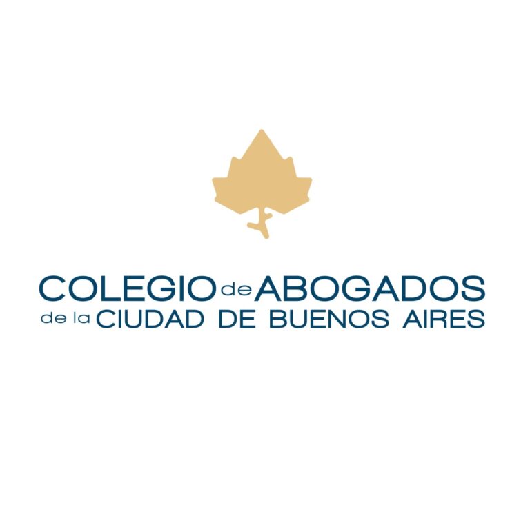 Logo of Colegio de Abogados de la Ciudad de Buenos Aires with a stylized gold maple leaf above blue text on a white background.
