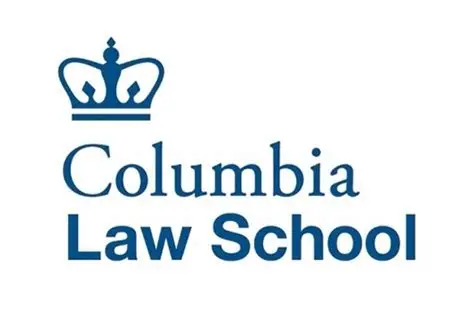 Columbia Law School logo featuring a blue crown above the words Columbia Law School in blue text on a white background.