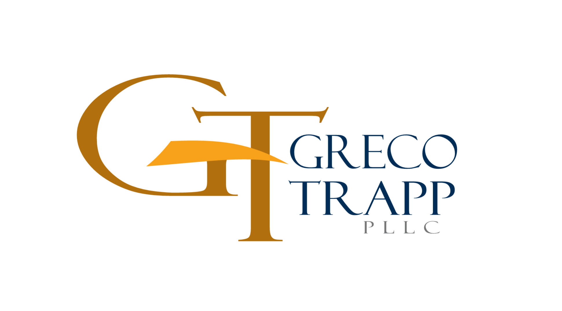 Logo with large gold G and T overlapping, a gold swoosh across the T, and GRECO TRAPP PLLC in blue capital letters to the right. The background is white.