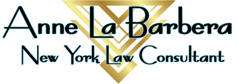 Logo with the text Anne La Barbera New York Law Consultant in stylized black font over a gold geometric triangle design.