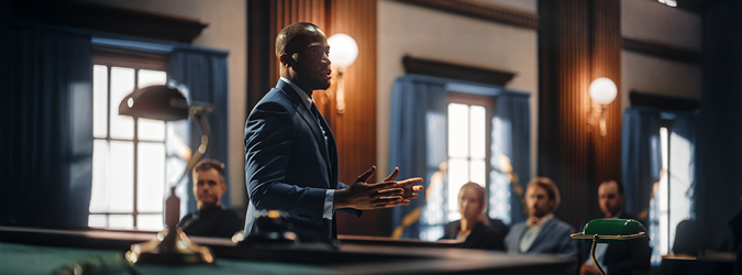 A man in a blue suit speaks passionately at a courtroom podium, while several people seated behind him listen attentively. The room has tall windows, wooden panels, and vintage lamps.