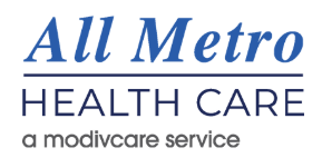 All Metro Health Care logo with the text All Metro Health Care above a line, and a modivcare service below.