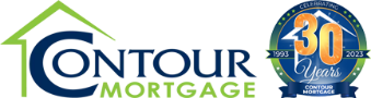 Contour Mortgage logo with a green house outline and a blue and green Contour Mortgage text. Next to it is a blue badge celebrating 30 years, with 1993-2023 and 30 Years written on it.