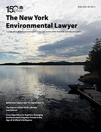 Cover of The New York Environmental Lawyer featuring a calm lake, trees, and a dock at sunset, with article titles listed in white text.