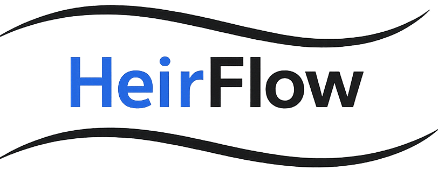 Logo for HeirFlow with Heir in blue and Flow in black, surrounded by two wavy black lines above and below the text, representing movement or flow.