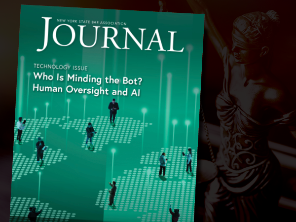 Cover of the New York State Bar Association Journal featuring the headline Who Is Minding the Bot? Human Oversight and AI with silhouettes of people on a digital network map background.