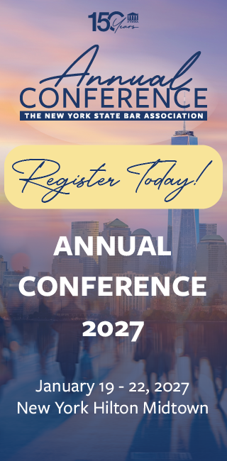 Vertical banner for the New York State Bar Association Annual Conference 2027, with a city skyline background. Event dates: January 19-22, 2027, at New York Hilton Midtown