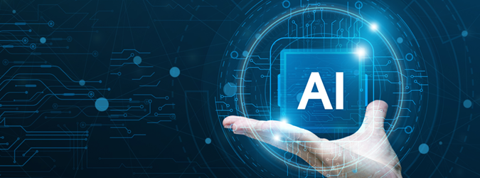 A hand holding a glowing blue icon with the text AI surrounded by digital circuit patterns.