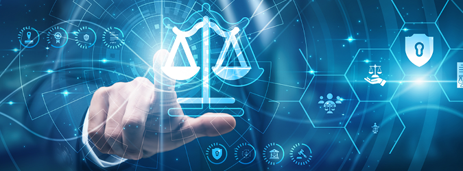 A hand touching a glowing digital icon of the scales of justice surrounded by a network of legal and security symbols.