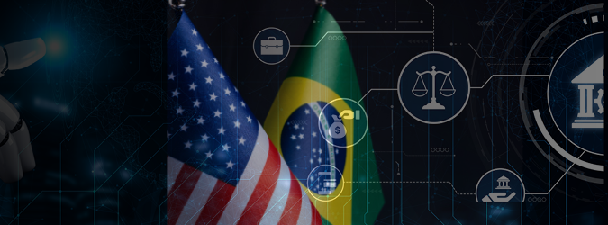 The United States and Brazilian flags displayed side-by-side, overlaid with digital icons representing business, law, and government.