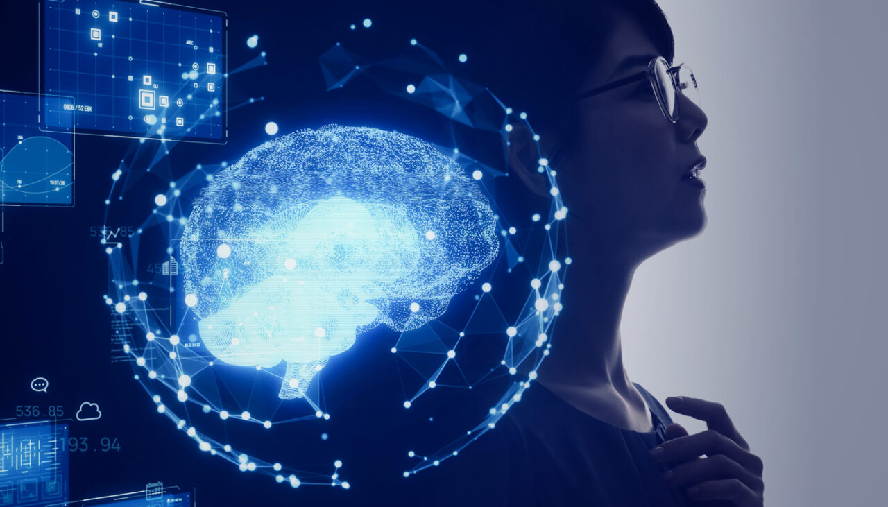 A woman in profile looking at a glowing, digital 3D model of a human brain surrounded by a network of data points and charts.