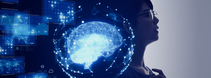 A person looking at a glowing, digital representation of a human brain connected to a network of data screens.