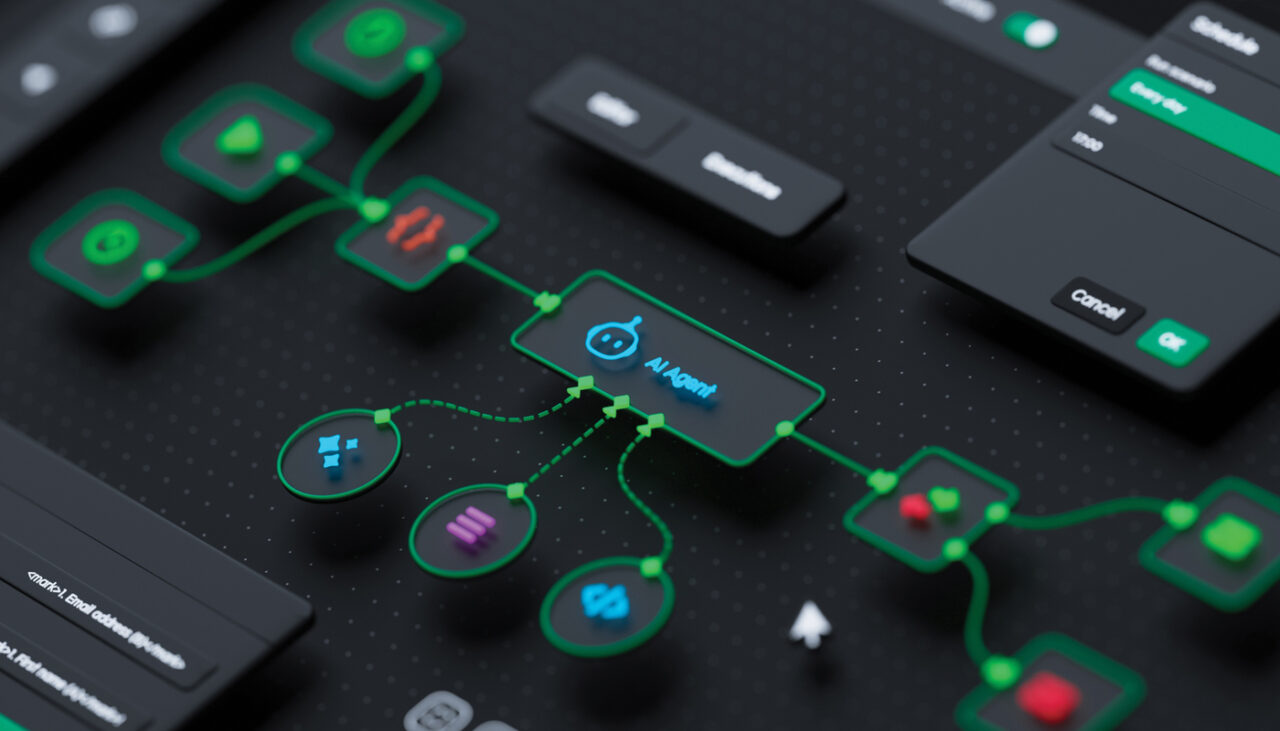 A digital workflow interface showing a network of nodes connected by green lines, featuring a central AI Agent block.