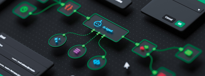 A digital workflow diagram featuring an AI Agent node connected to various task icons and interface components on a dark, dotted background.