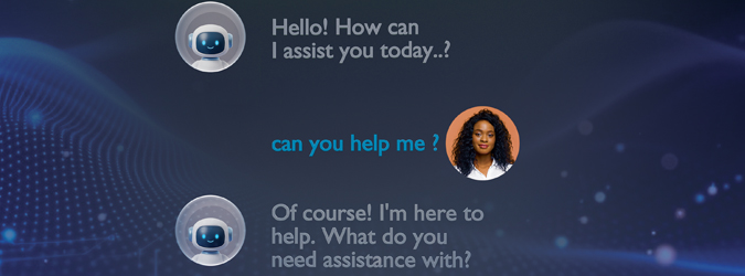 A chat interface showing an exchange between a robot avatar and a person, with the robot asking how to assist and the person asking for help.