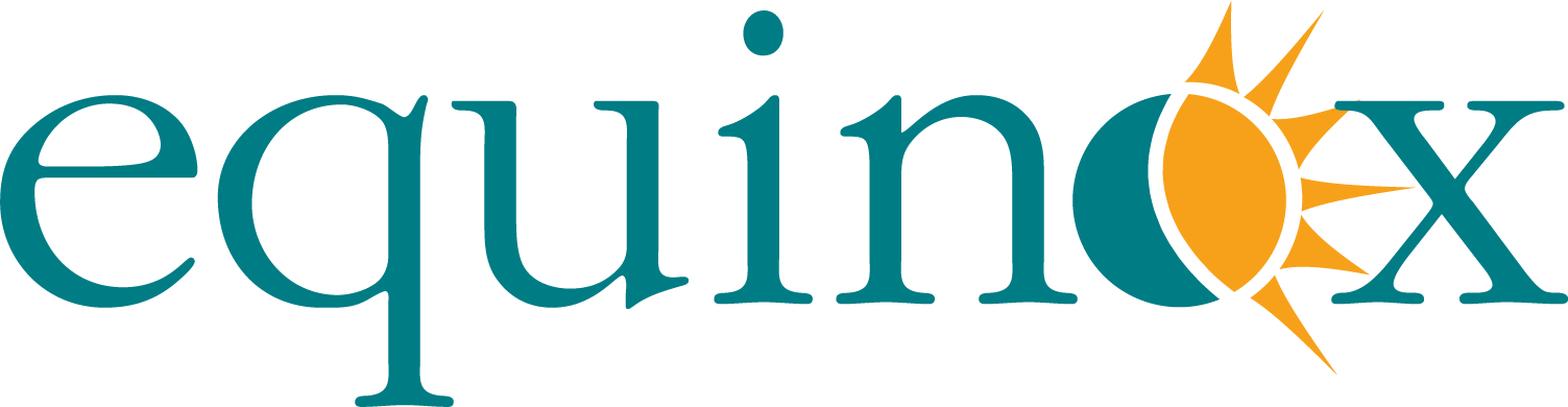 The word equinox in teal serif font, with a gold sun icon replacing the letter o.