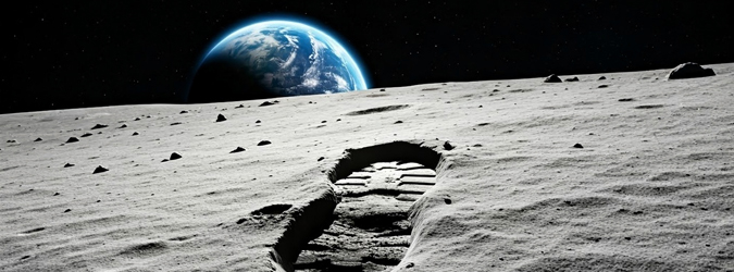 A single boot print in the dusty lunar surface with the Earth rising over the horizon in the background.