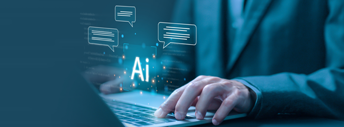 A person in a suit types on a laptop featuring a glowing AI icon and floating chat bubbles.