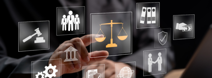 A persons hand touching a digital screen displaying various legal and business icons, with a central icon of a scale of justice.