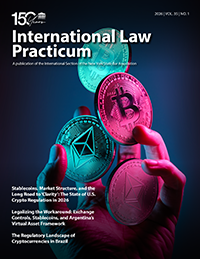 A hand holds glowing digital coins with cryptocurrency logos, including Bitcoin and Ethereum, against a dark blue background. The cover reads, International Law Practicum and lists article topics on crypto regulation.