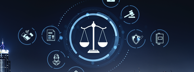 A central icon of a scale of justice surrounded by digital icons representing a gavel, a shield, a handshake, a document, a person, and a book.