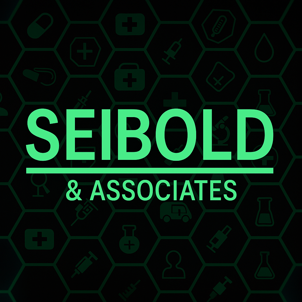 Text reading SEIBOLD & ASSOCIATES in green on a dark background patterned with faint medical icons.