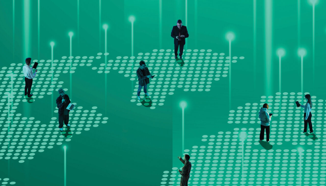 People stand on a stylized, digital world map with glowing connection points, representing global communication and technology.