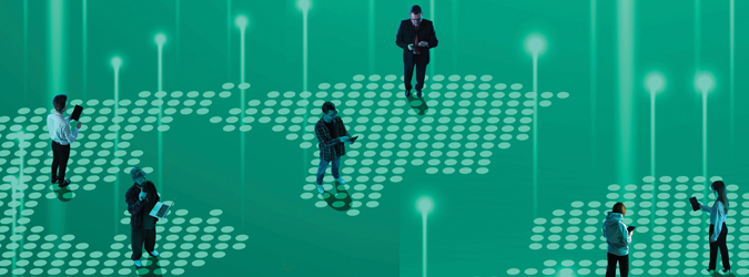 Illustration of people standing on a digital, dotted world map, each using a device. Vertical light beams rise from the map, symbolizing global digital connectivity. The background is green.