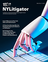 A robotic hand touches a computer keyboard, symbolizing technology in law, with article titles and the NYLitigator magazine logo at the top.