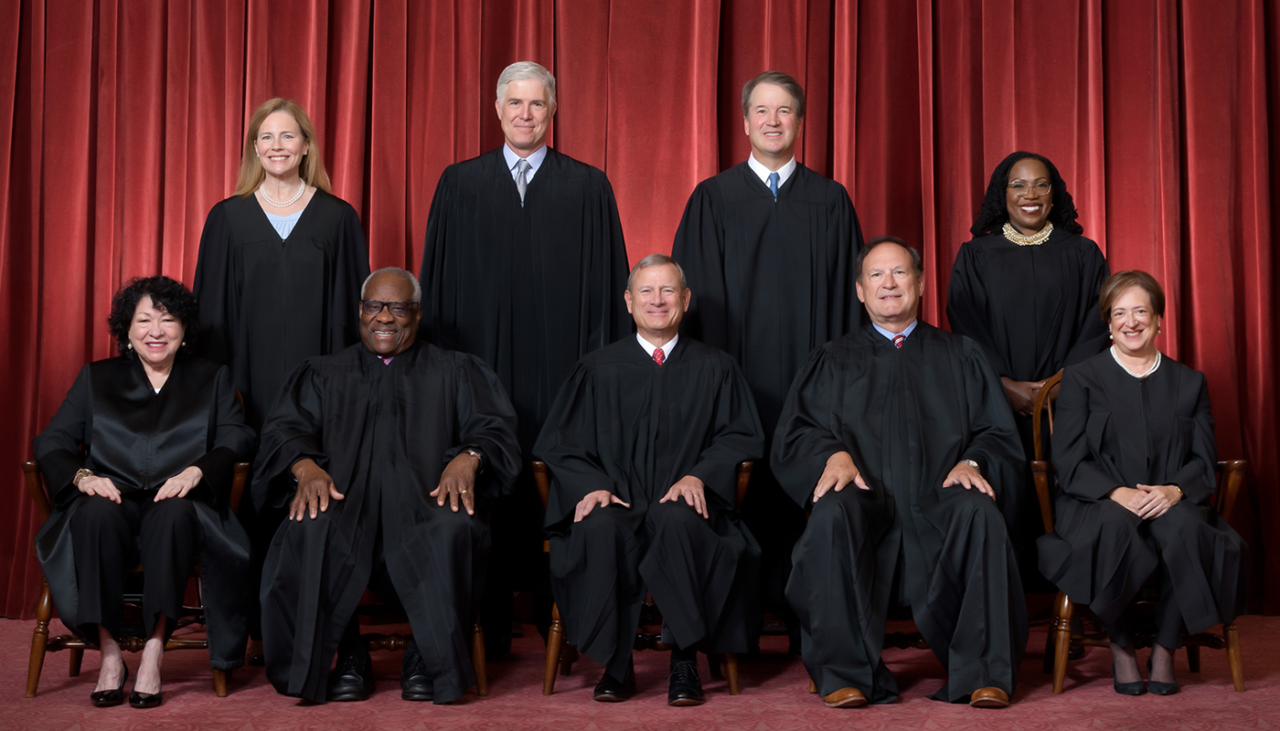 Nine justices in black robes sit and stand in two rows in front of a red curtain. Four are seated in front, while five stand behind them, all facing the camera and smiling or with neutral expressions.