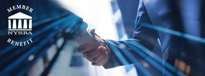 Two people in business suits shaking hands with the NYSBA Member Benefit logo in the corner.